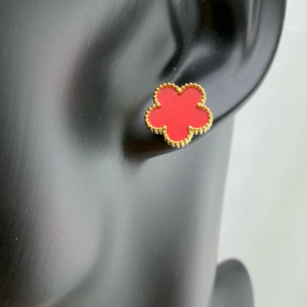 Luxury Clover Alhambra Gold and Red Flower Stud Earrings